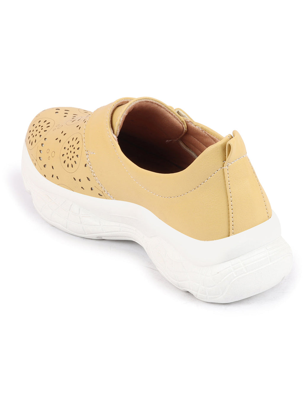Shop Women Yellow Laser Cut Design Stitched Back Open Hook & Loop Buckle Mules Shoes Online.