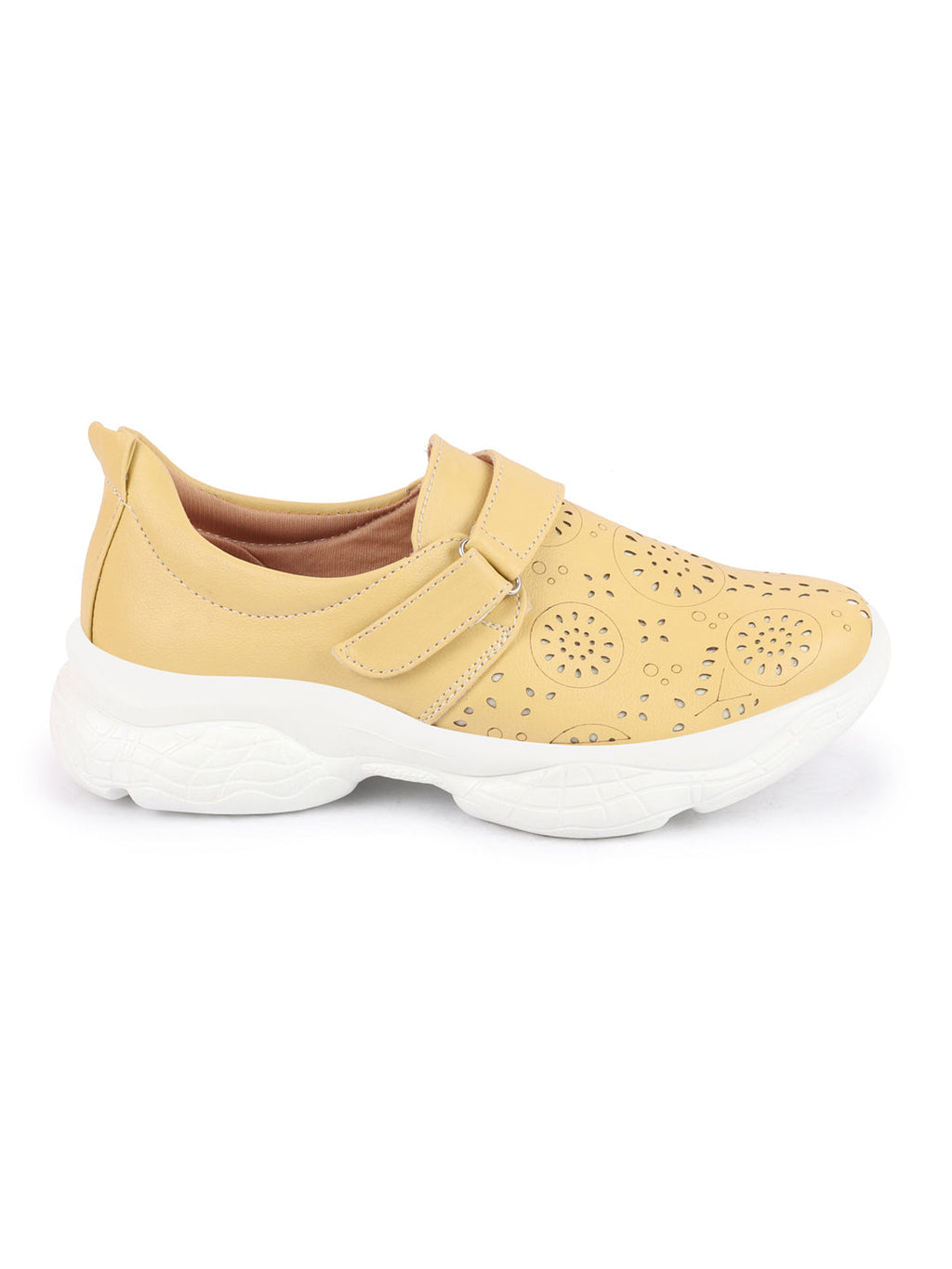 Shop Women Yellow Laser Cut Design Stitched Back Open Hook & Loop Buckle Mules Shoes Online.