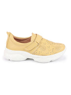 Shop Women Yellow Laser Cut Design Stitched Back Open Hook & Loop Buckle Mules Shoes Online.