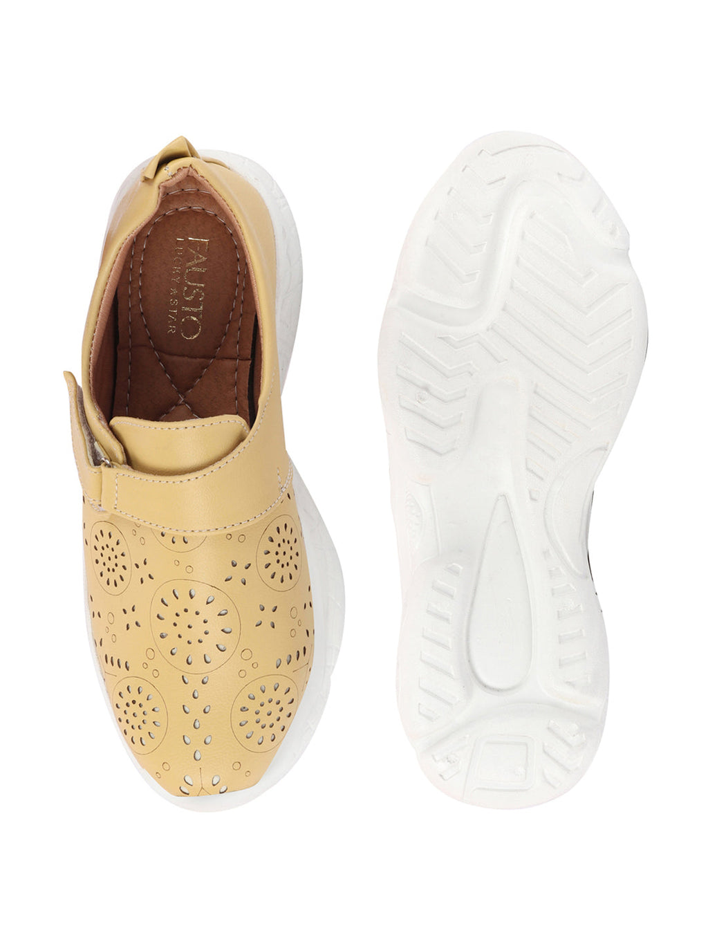 Shop Women Yellow Laser Cut Design Stitched Back Open Hook & Loop Buckle Mules Shoes Online.
