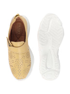 Shop Women Yellow Laser Cut Design Stitched Back Open Hook & Loop Buckle Mules Shoes Online.