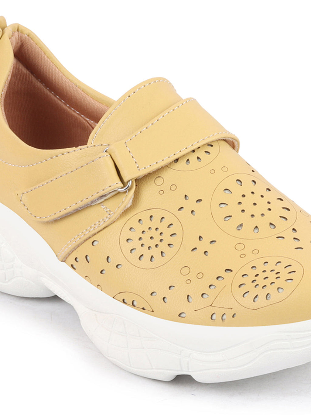 Shop Women Yellow Laser Cut Design Stitched Back Open Hook & Loop Buckle Mules Shoes Online.