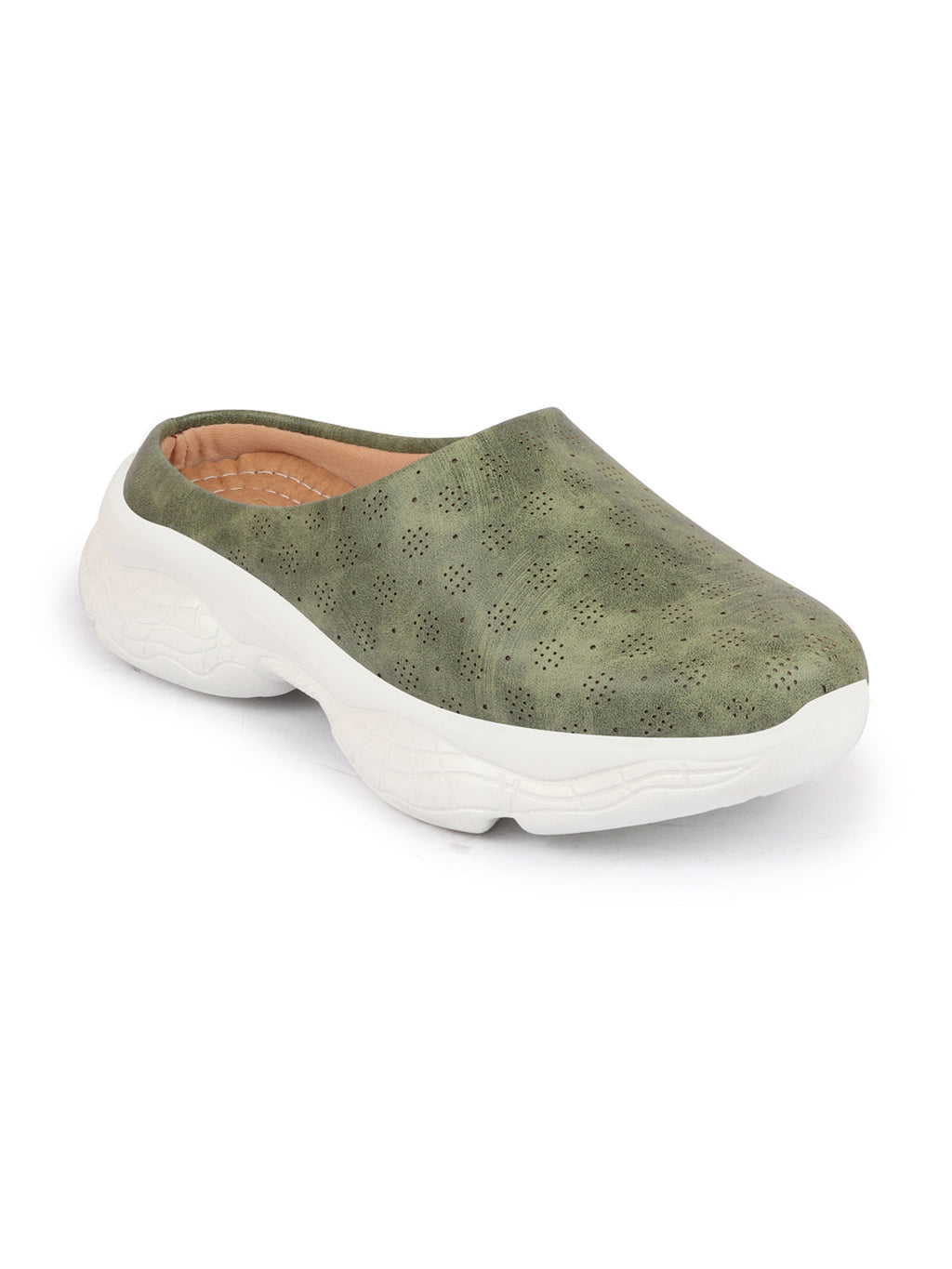 Shop Women Olive Back Open Classic Design Slip On Mules Shoes Online.