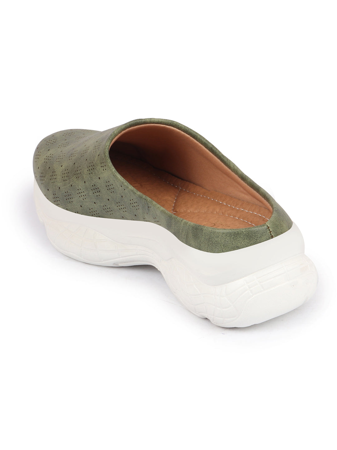 Shop Women Olive Back Open Classic Design Slip On Mules Shoes Online.