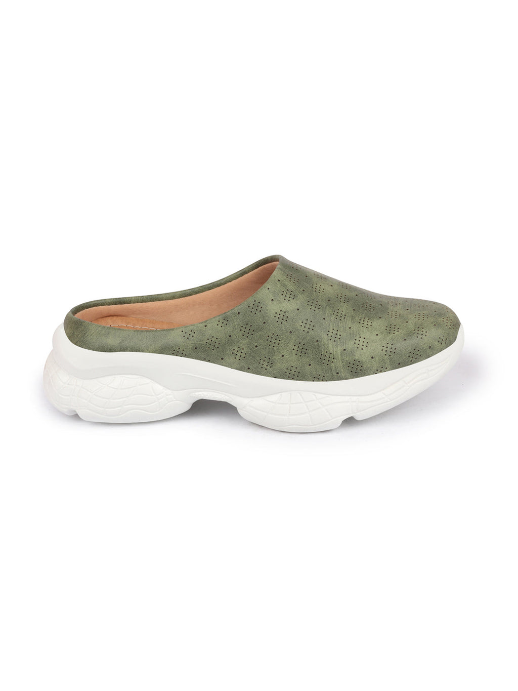 Shop Women Olive Back Open Classic Design Slip On Mules Shoes Online.