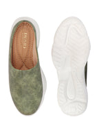Shop Women Olive Back Open Classic Design Slip On Mules Shoes Online.