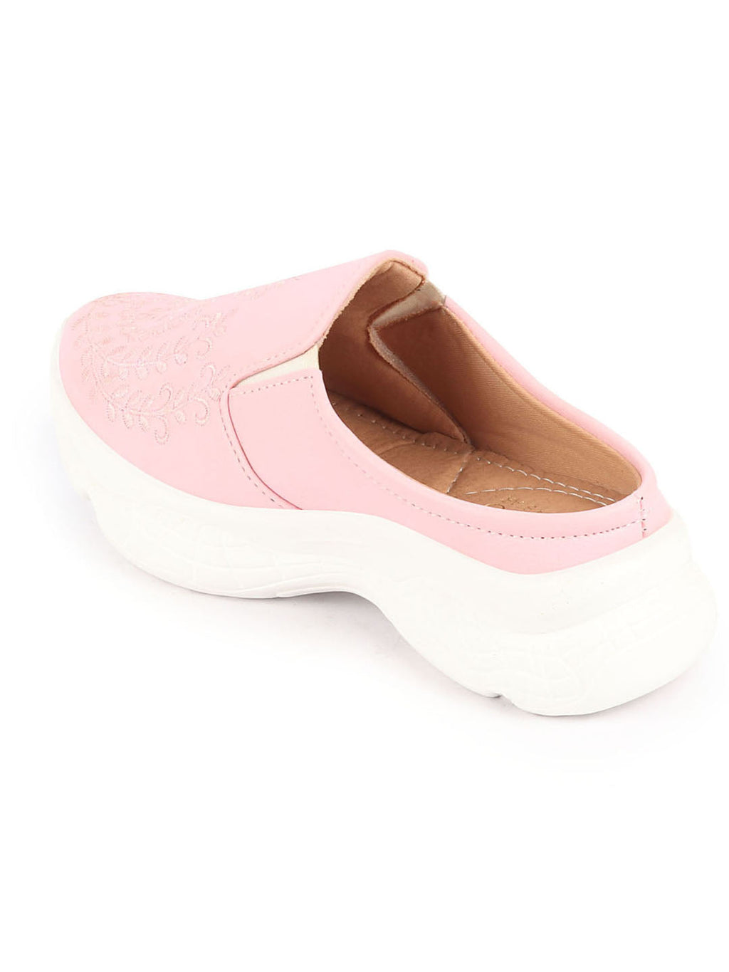 Shop Women Pink Floral and Leaf Print Embroidery Design Back Open Slip On Mules Shoes Online.