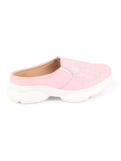 Shop Women Pink Floral and Leaf Print Embroidery Design Back Open Slip On Mules Shoes Online.