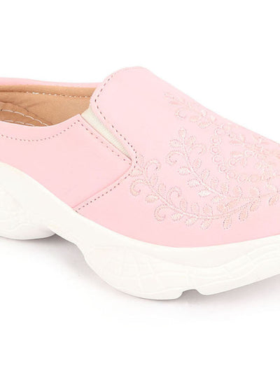 Shop Women Pink Floral and Leaf Print Embroidery Design Back Open Slip On Mules Shoes Online.