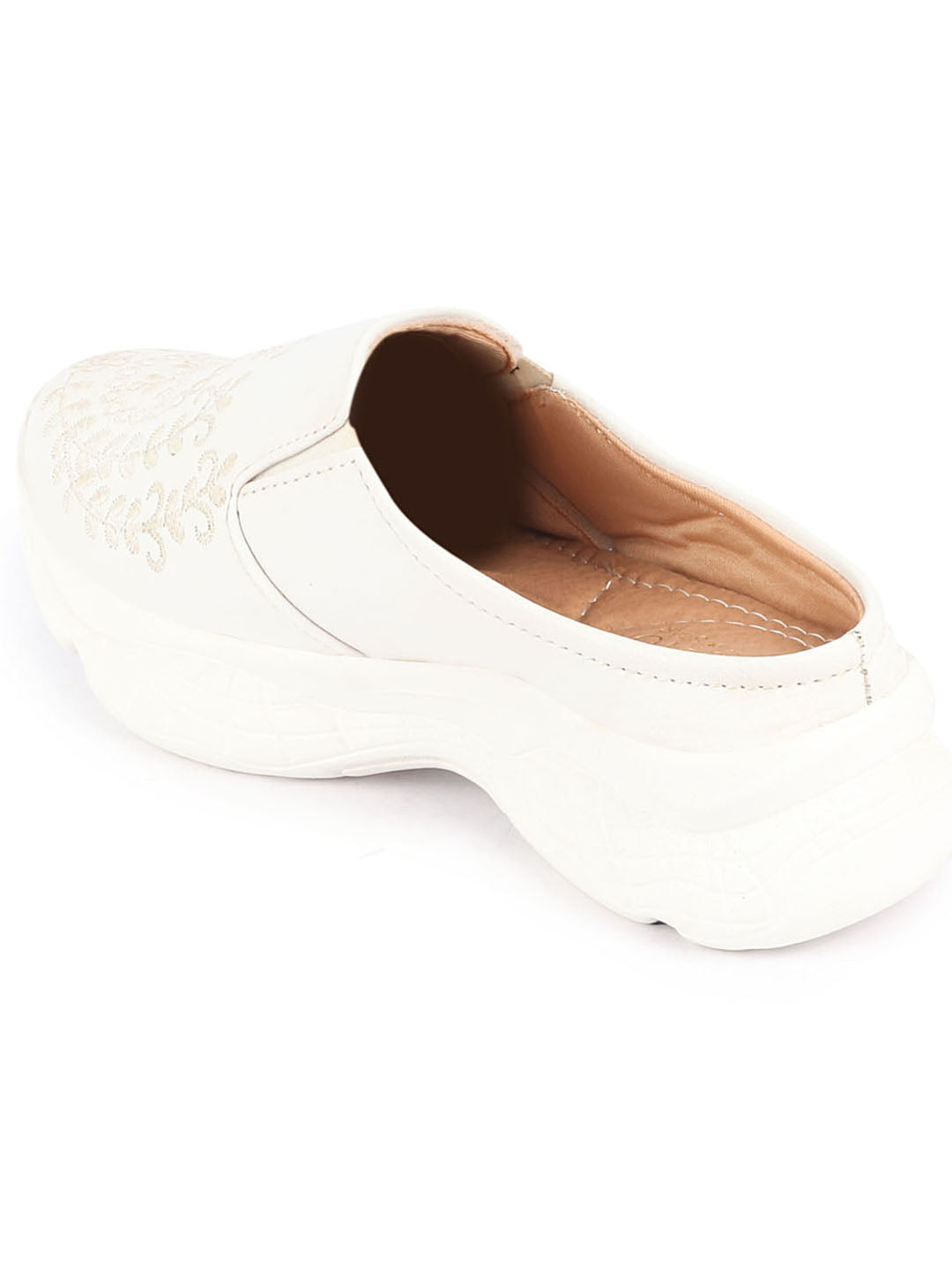 Shop Women White Floral and Leaf Print Embroidery Design Back Open Slip On Mules Shoes Online.
