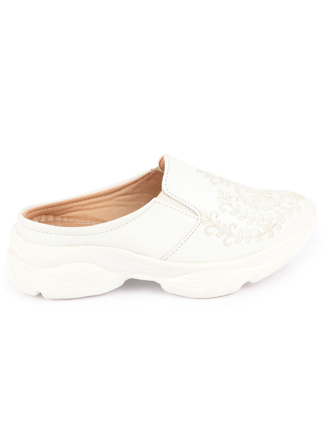 Shop Women White Floral and Leaf Print Embroidery Design Back Open Slip On Mules Shoes Online.