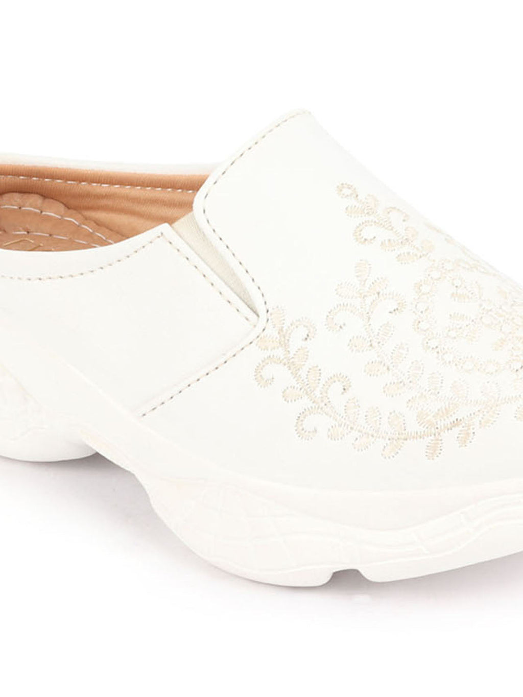 Shop Women White Floral and Leaf Print Embroidery Design Back Open Slip On Mules Shoes Online.
