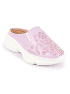 Shop Women Purple Floral Print Embroidery Design Back Open Slip On Mules Shoes Online.