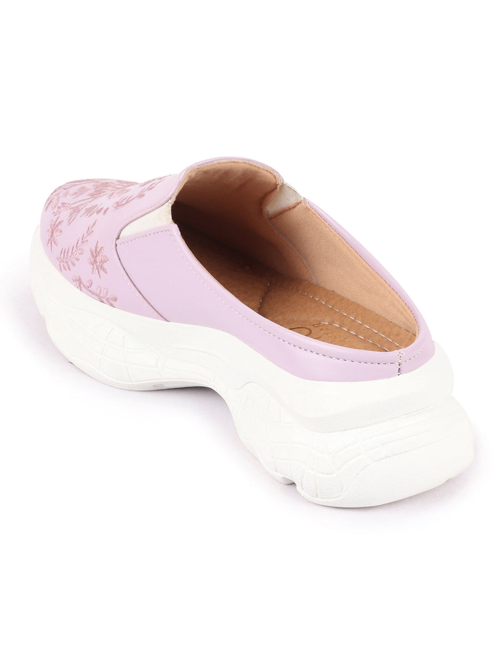 Shop Women Purple Floral Print Embroidery Design Back Open Slip On Mules Shoes Online.