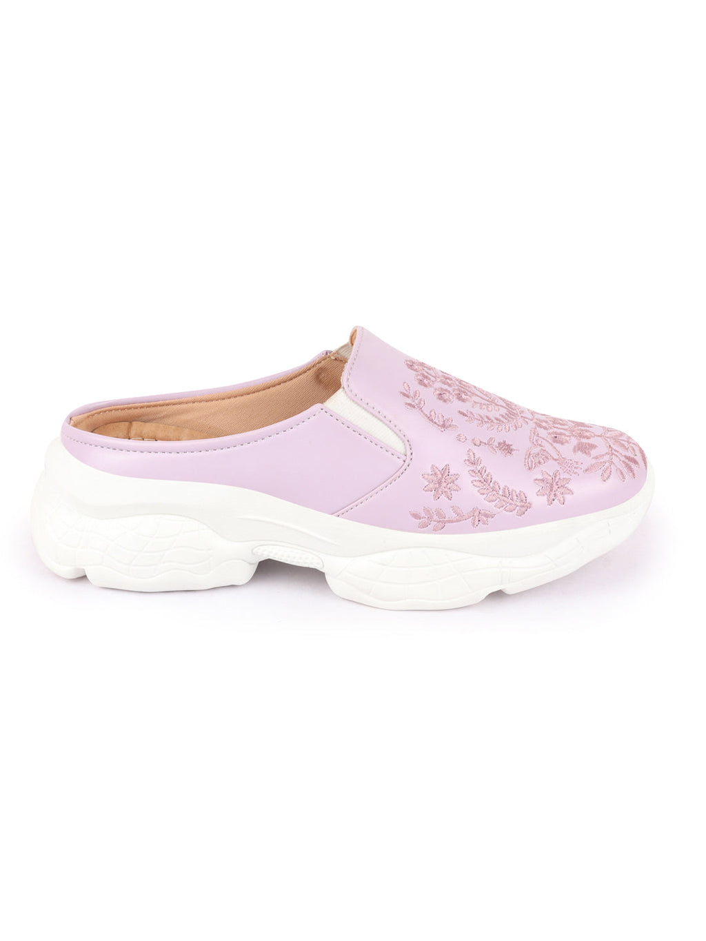 Shop Women Purple Floral Print Embroidery Design Back Open Slip On Mules Shoes Online.