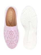 Shop Women Purple Floral Print Embroidery Design Back Open Slip On Mules Shoes Online.