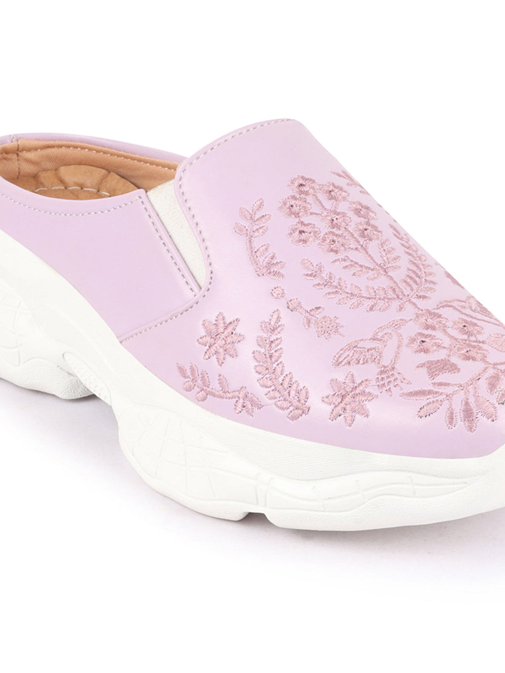Shop Women Purple Floral Print Embroidery Design Back Open Slip On Mules Shoes Online.