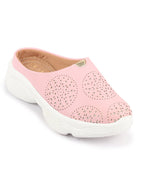 Shop Women Pink Laser Cut Design Back Open Slip On Mules Shoes Online.