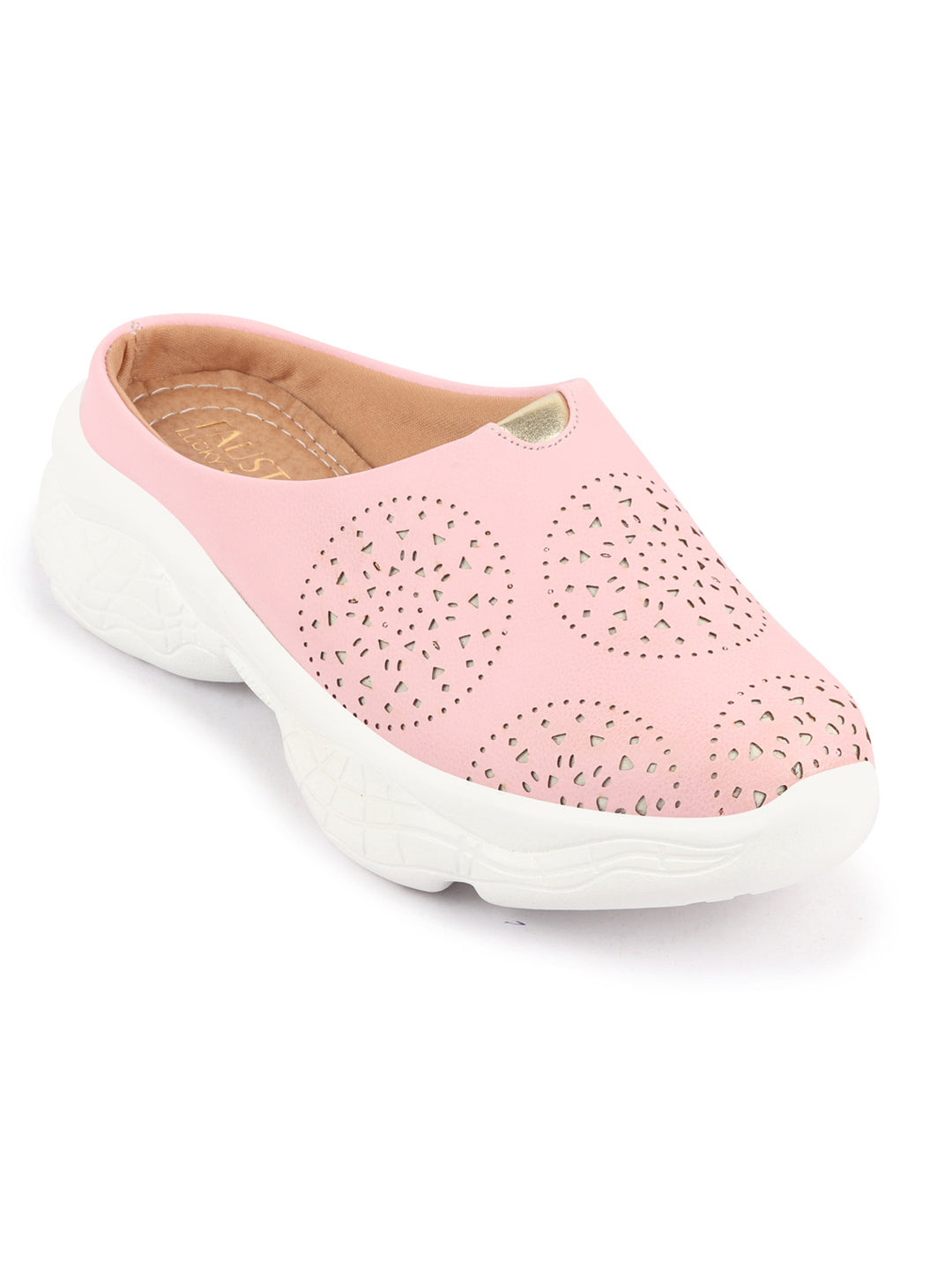 Shop Women Pink Laser Cut Design Back Open Slip On Mules Shoes Online.