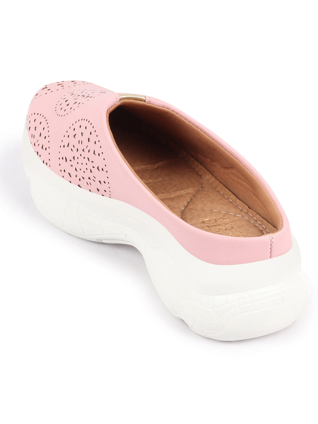 Shop Women Pink Laser Cut Design Back Open Slip On Mules Shoes Online.