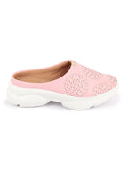 Shop Women Pink Laser Cut Design Back Open Slip On Mules Shoes Online.