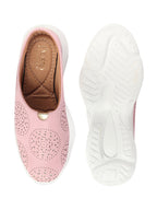 Shop Women Pink Laser Cut Design Back Open Slip On Mules Shoes Online.