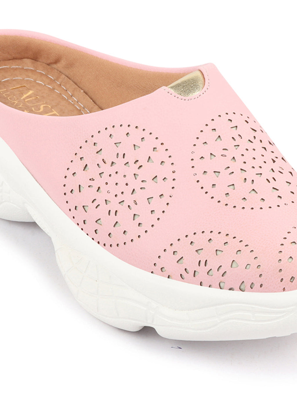 Shop Women Pink Laser Cut Design Back Open Slip On Mules Shoes Online.