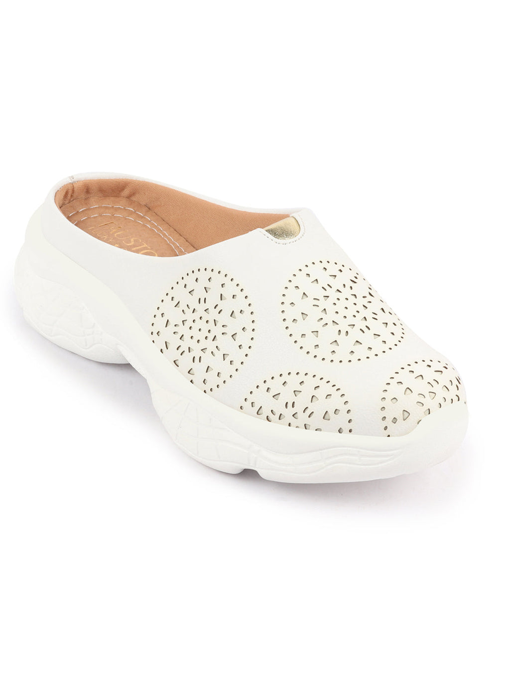 Shop Women White Laser Cut Design Back Open Slip On Mules Shoes Online.