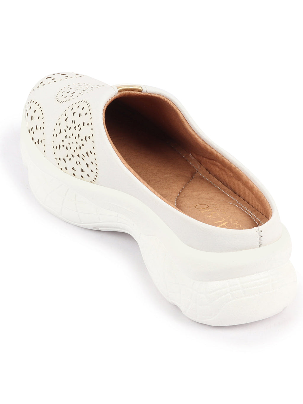 Shop Women White Laser Cut Design Back Open Slip On Mules Shoes Online.
