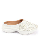 Shop Women White Laser Cut Design Back Open Slip On Mules Shoes Online.