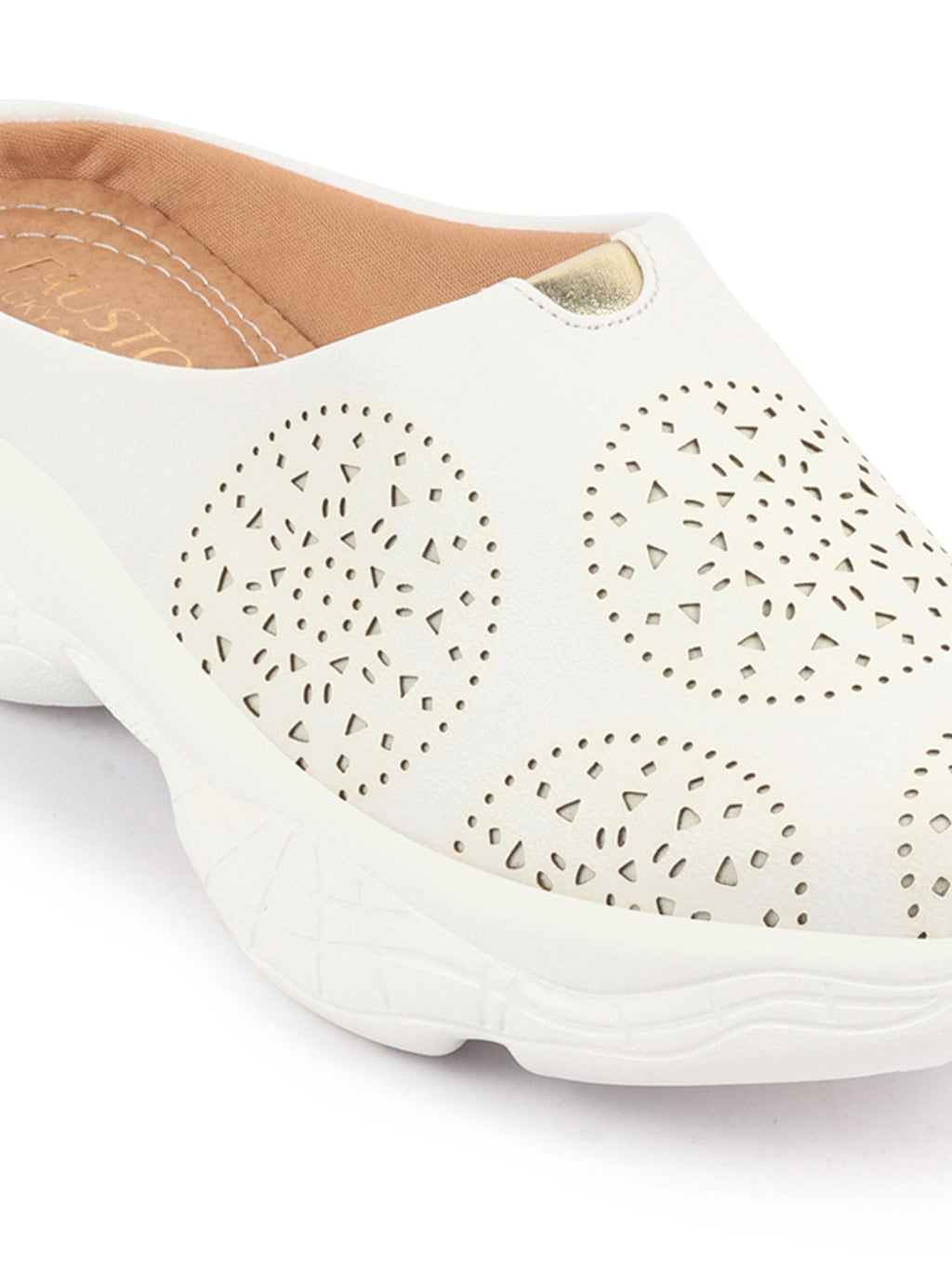 Shop Women White Laser Cut Design Back Open Slip On Mules Shoes Online.