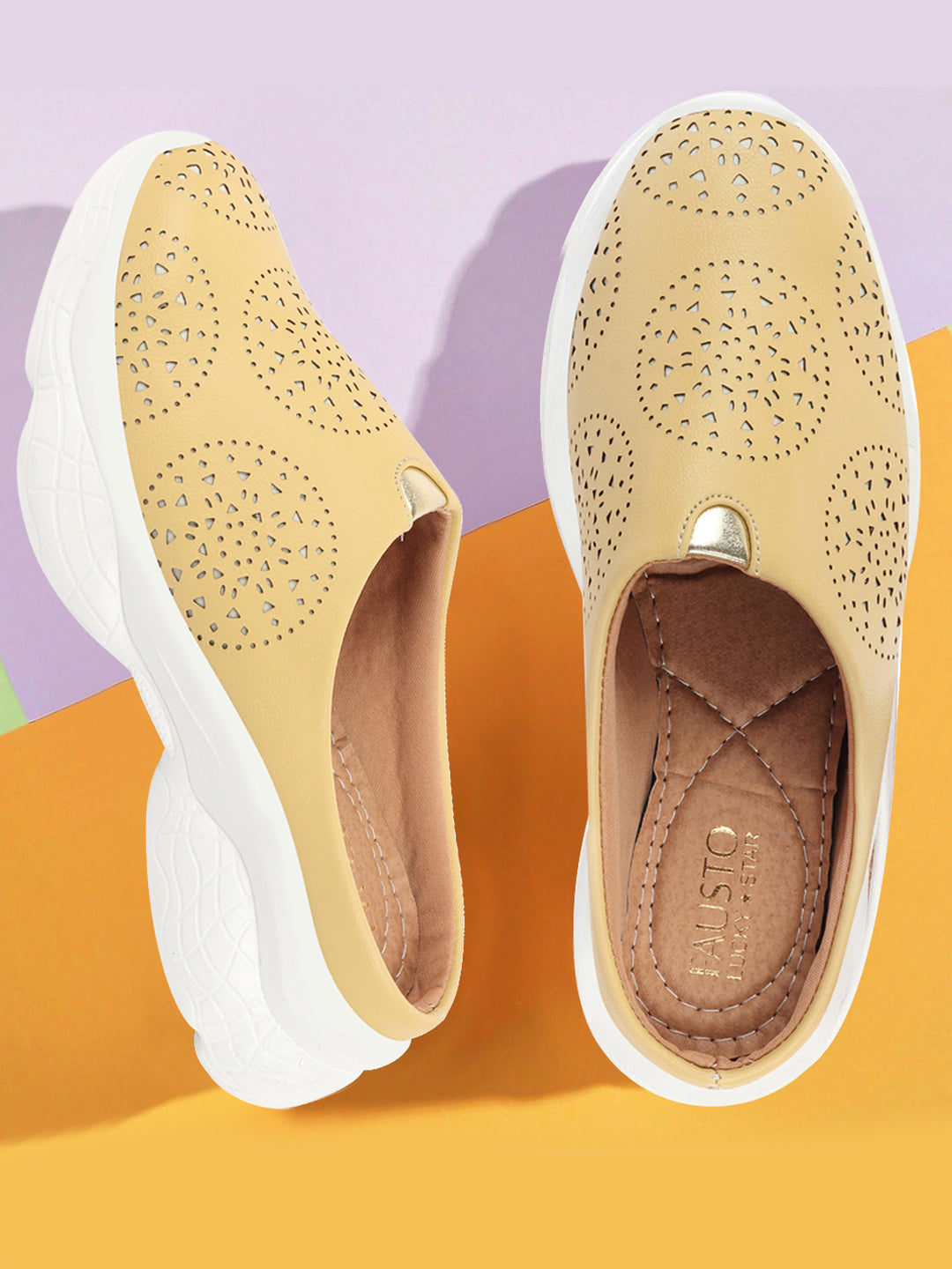 Shop Women Yellow Laser Cut Design Back Open Slip On Mules Shoes