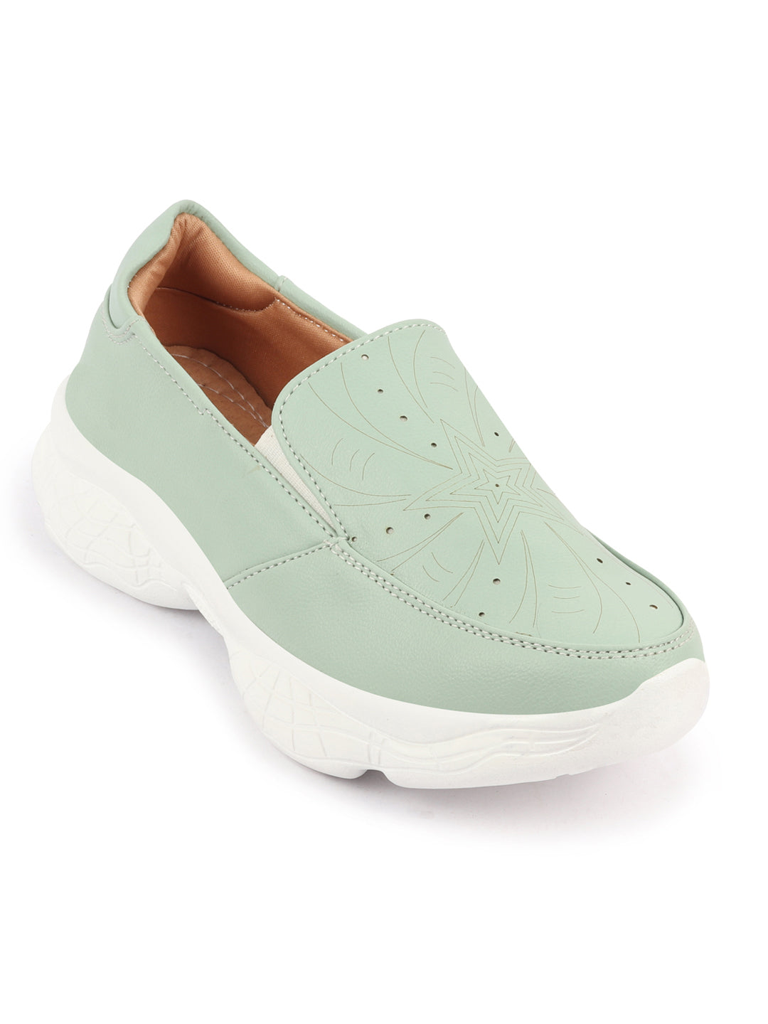 Shop Women Pista Green Printed Design Stitched Comfort Slip On Sneaker Shoes Online.