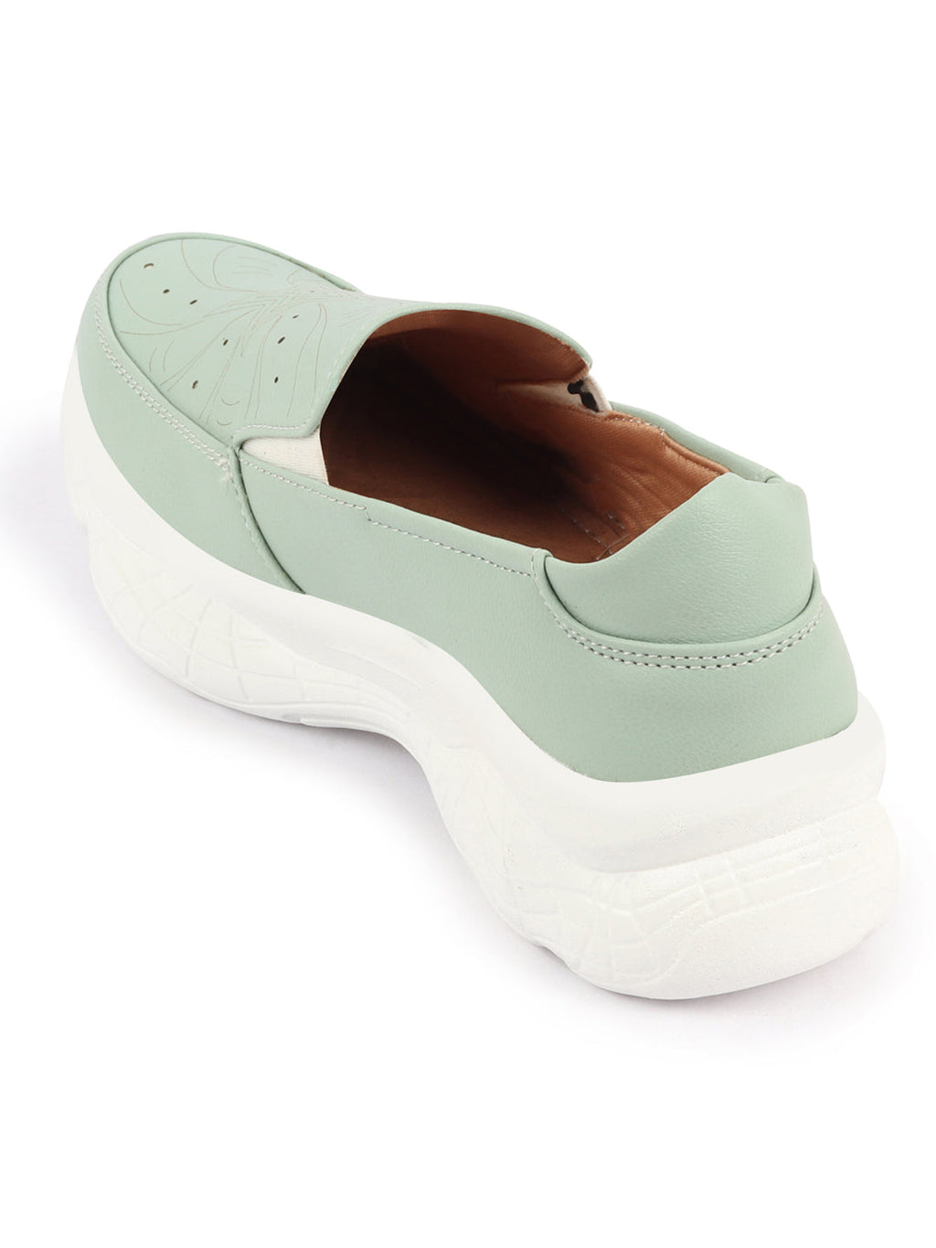 Shop Women Pista Green Printed Design Stitched Comfort Slip On Sneaker Shoes Online.