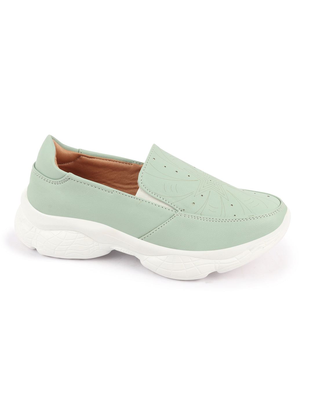 Shop Women Pista Green Printed Design Stitched Comfort Slip On Sneaker Shoes Online.