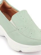Shop Women Pista Green Printed Design Stitched Comfort Slip On Sneaker Shoes Online.