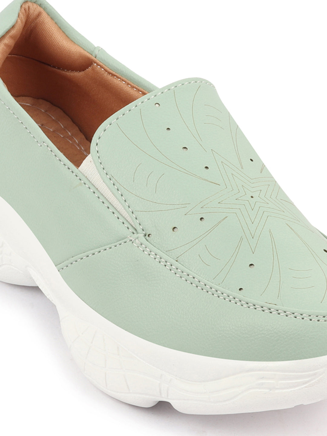 Shop Women Pista Green Printed Design Stitched Comfort Slip On Sneaker Shoes Online.