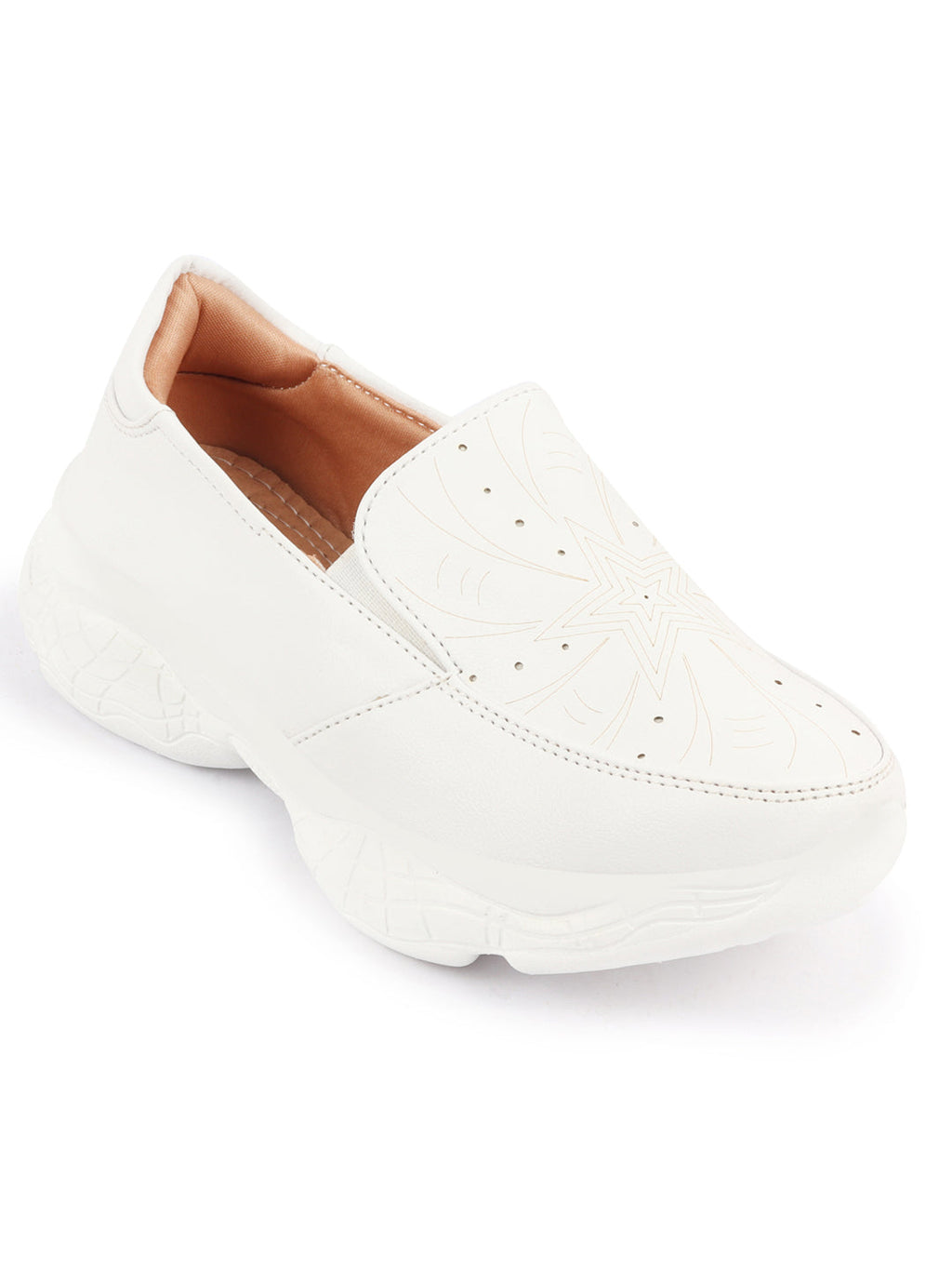 Shop Women White Printed Design Stitched Comfort Slip On Sneaker Shoes Online.