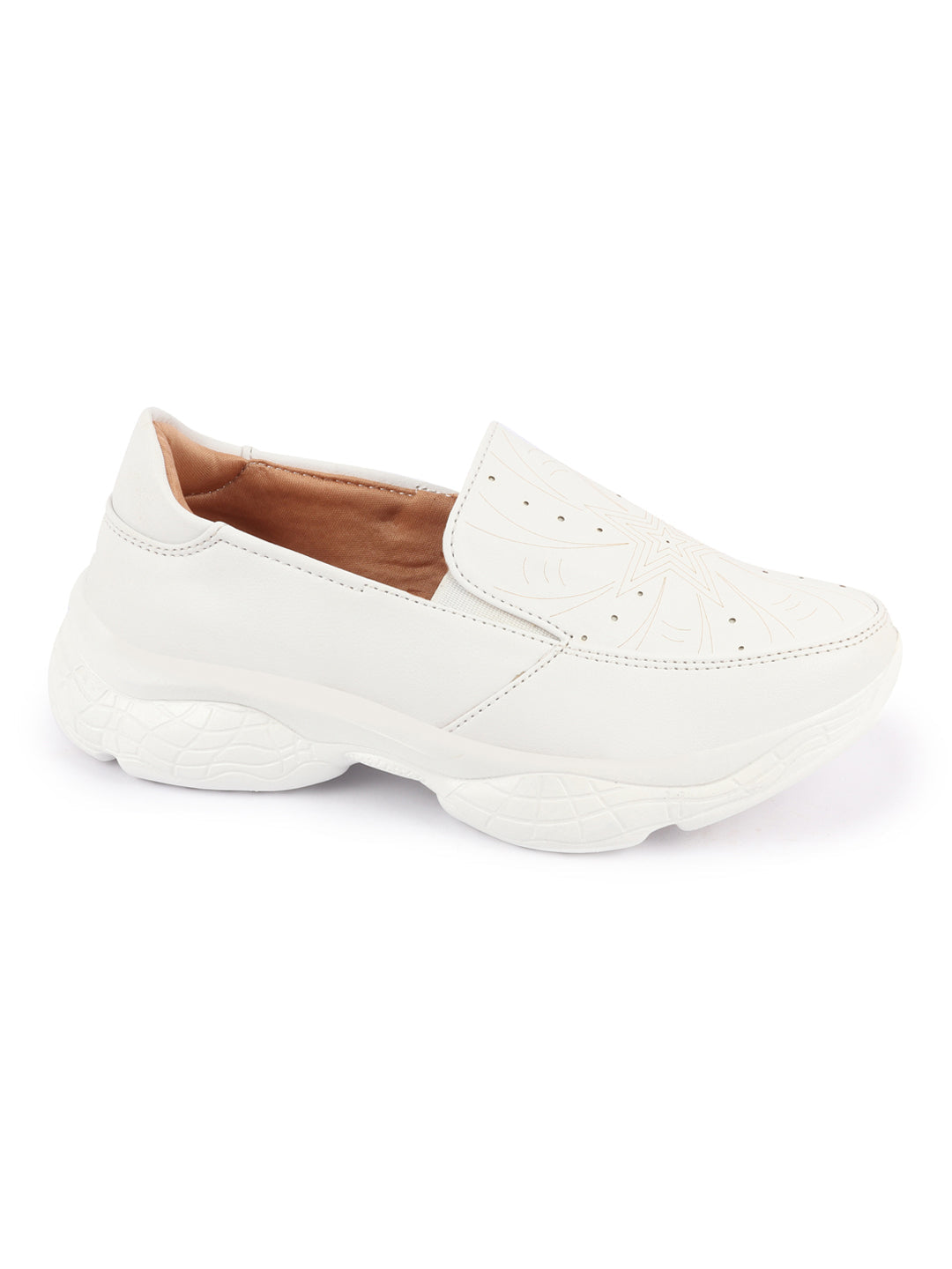 Shop Women White Printed Design Stitched Comfort Slip On Sneaker Shoes Online.