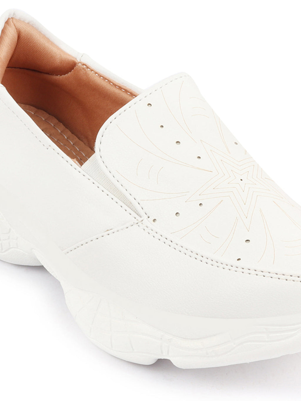 Shop Women White Printed Design Stitched Comfort Slip On Sneaker Shoes Online.