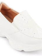 Shop Women White Printed Design Stitched Comfort Slip On Sneaker Shoes Online.