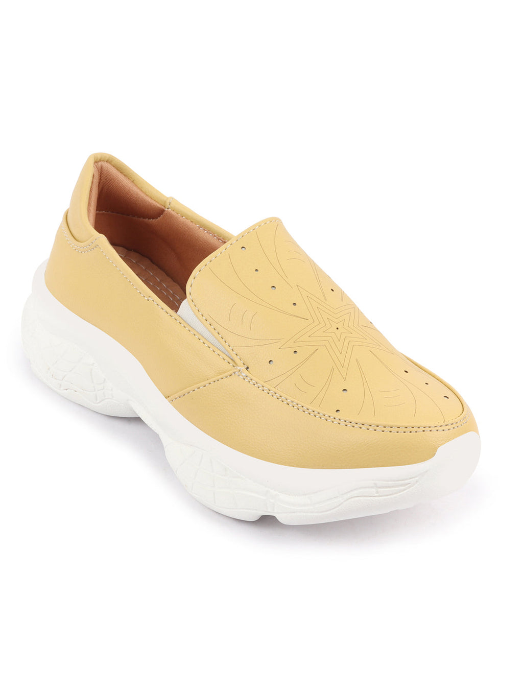 Shop Women Yellow Printed Design Stitched Comfort Slip On Sneaker Shoes Online.
