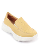 Shop Women Yellow Printed Design Stitched Comfort Slip On Sneaker Shoes Online.