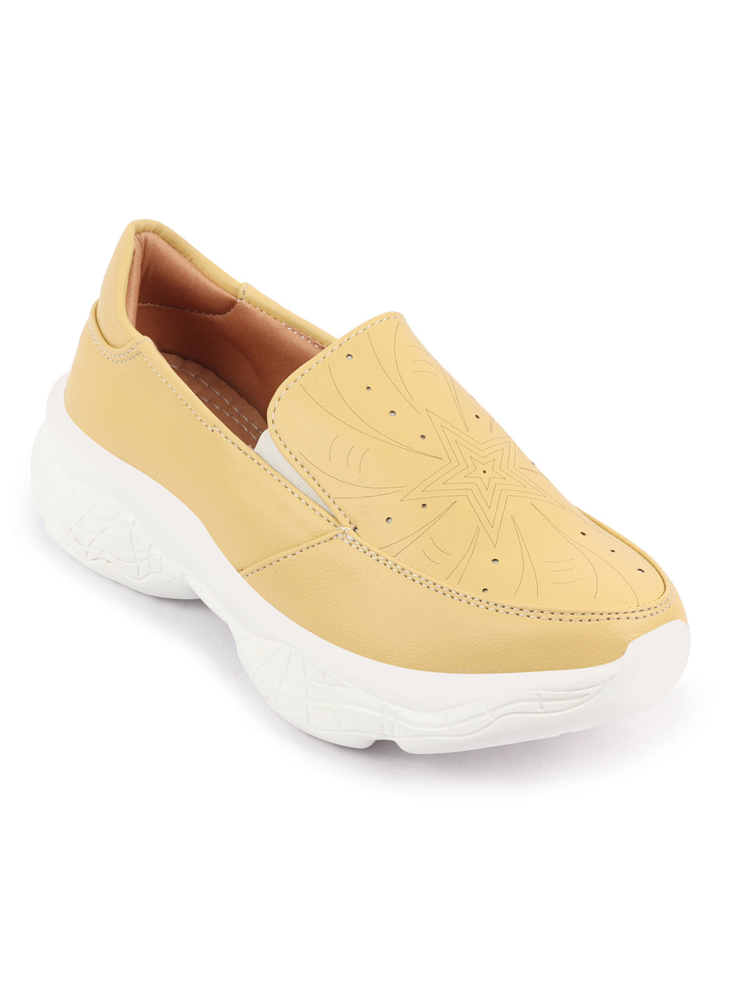 Shop Women Yellow Printed Design Stitched Comfort Slip On Sneaker Shoes Online.