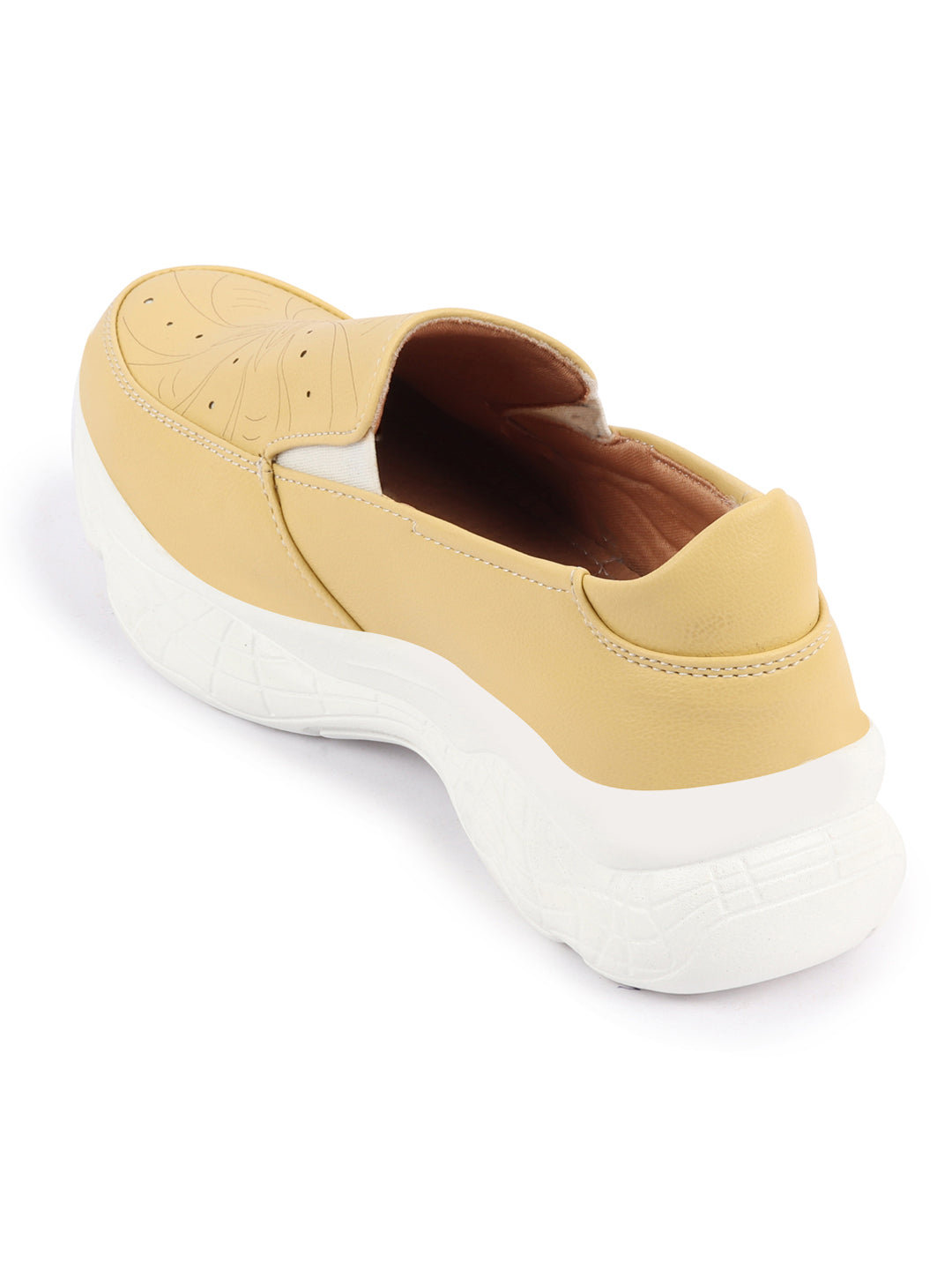 Shop Women Yellow Printed Design Stitched Comfort Slip On Sneaker Shoes Online.