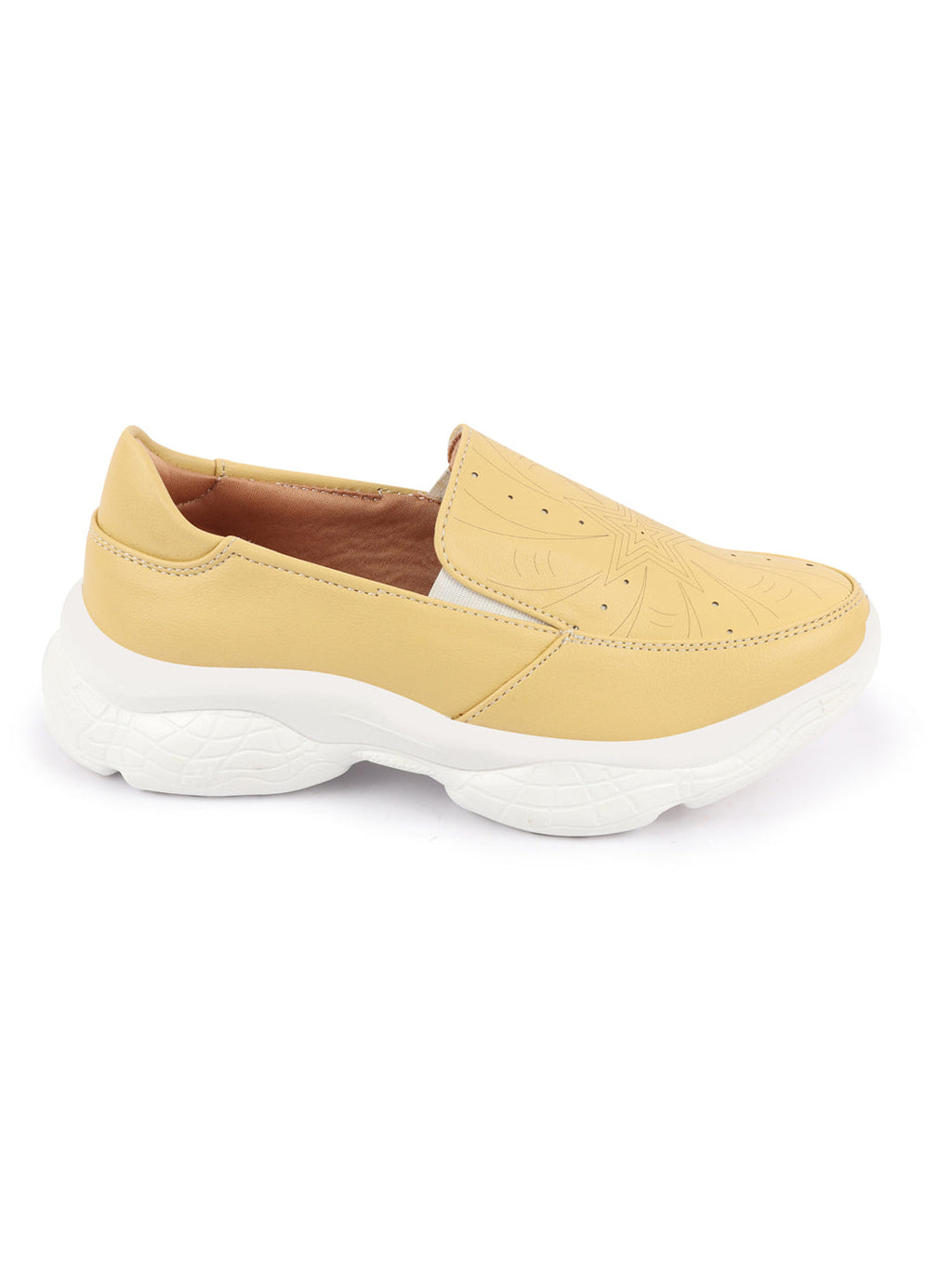 Shop Women Yellow Printed Design Stitched Comfort Slip On Sneaker Shoes Online.