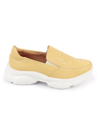 Shop Women Yellow Printed Design Stitched Comfort Slip On Sneaker Shoes Online.