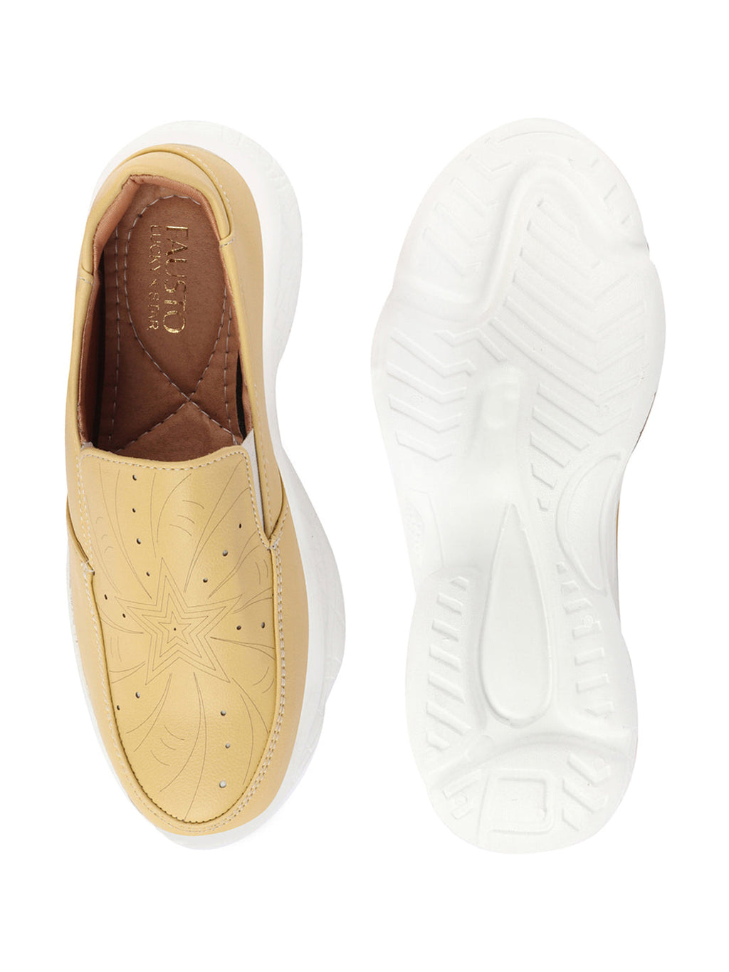 Shop Women Yellow Printed Design Stitched Comfort Slip On Sneaker Shoes Online.