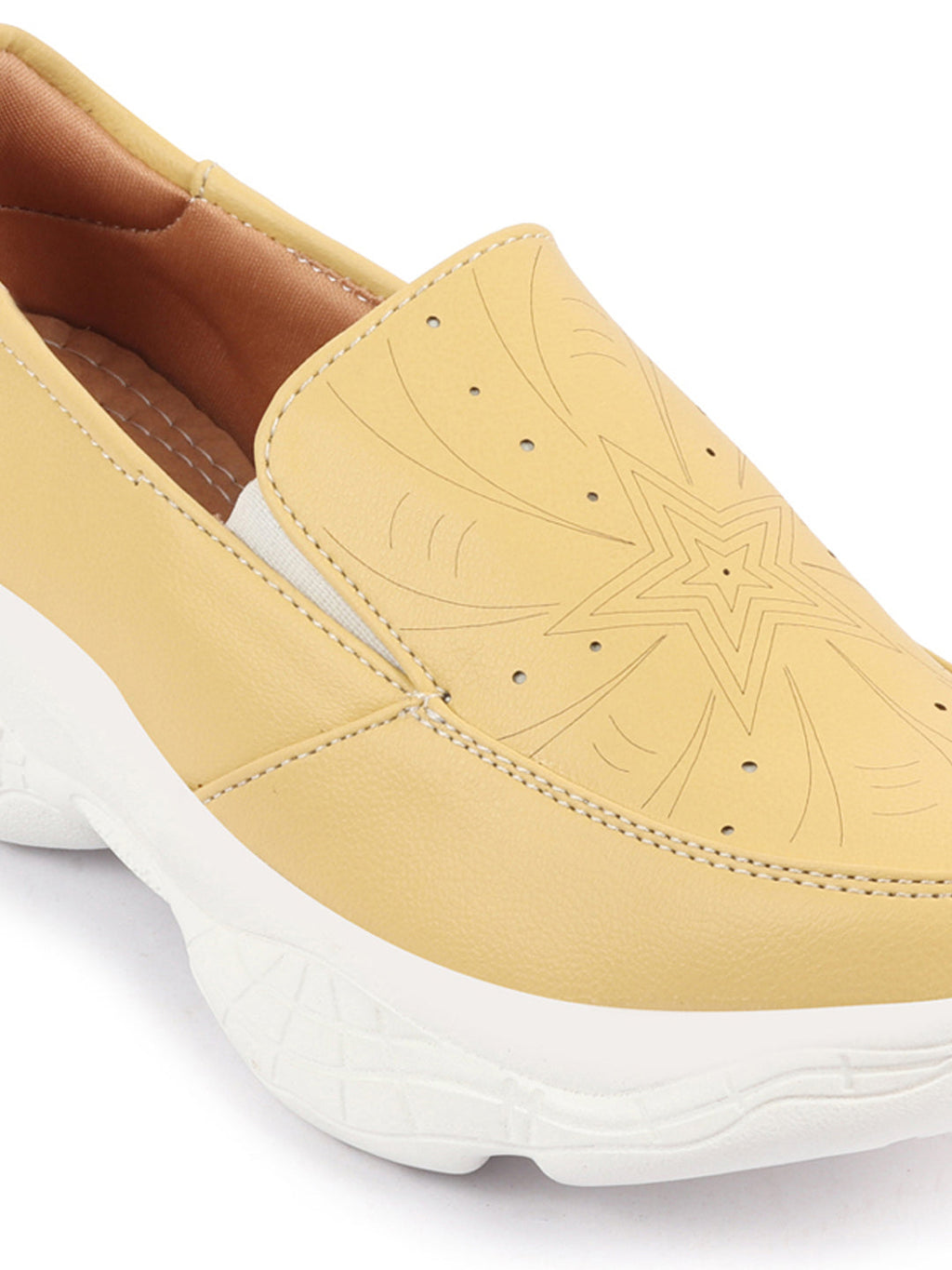 Shop Women Yellow Printed Design Stitched Comfort Slip On Sneaker Shoes Online.