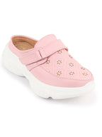 Shop Women Pink Laser Cut Floral Design Hook and Loop Back Open Slip On Mules Shoes Online.